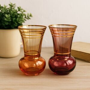 Pair Of Vintage Aperitif Luster Glass Vases Amber & Cranberry with Gold Trim MCM